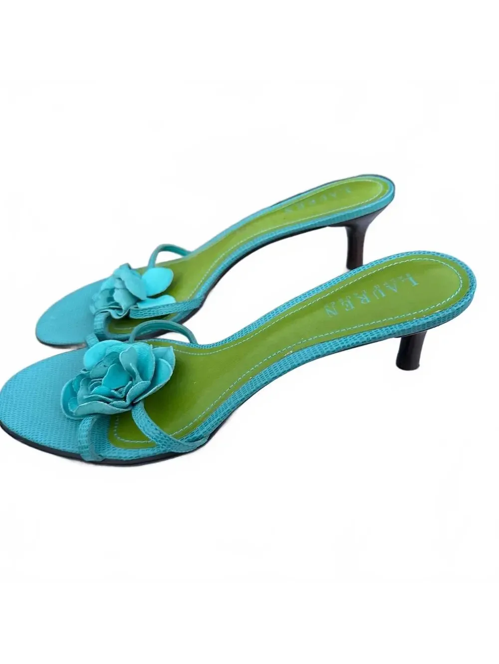 Lauren Ralph Lauren Jasmin 9.5B Blue Floral Applique Kitten Heel Sandals